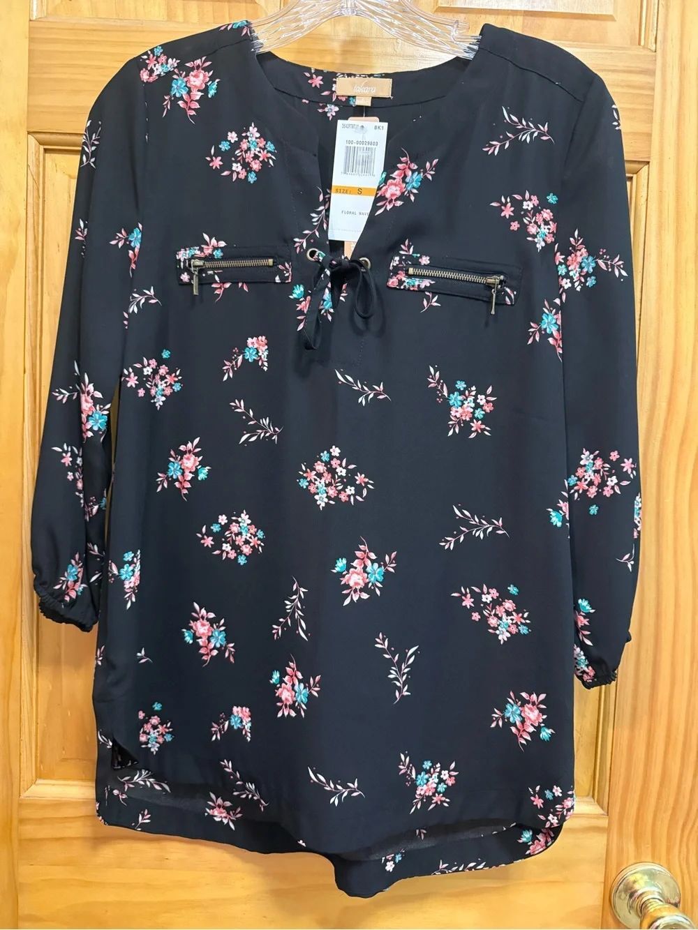NWT Floral Tie-Neck Blouse - Black with Pink & Teal Flowers size S
